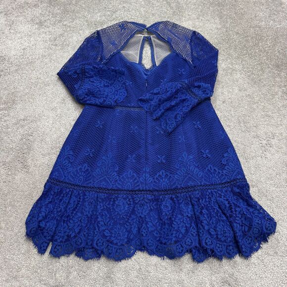 Ever New Melbourne Lace Mesh Mini Dress Womens 12 Blue Bell Sleeve Backless - Picture 2 of 14